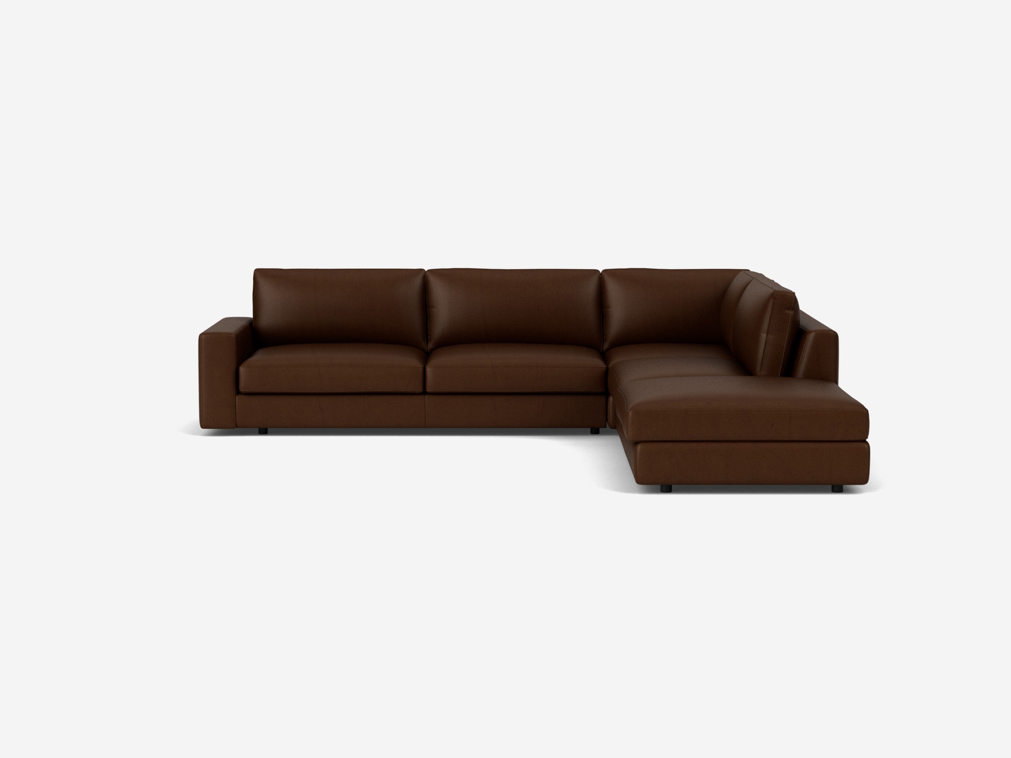 Front view of the Cello modern sectional couch in dark brown leather with right hand backless chaise